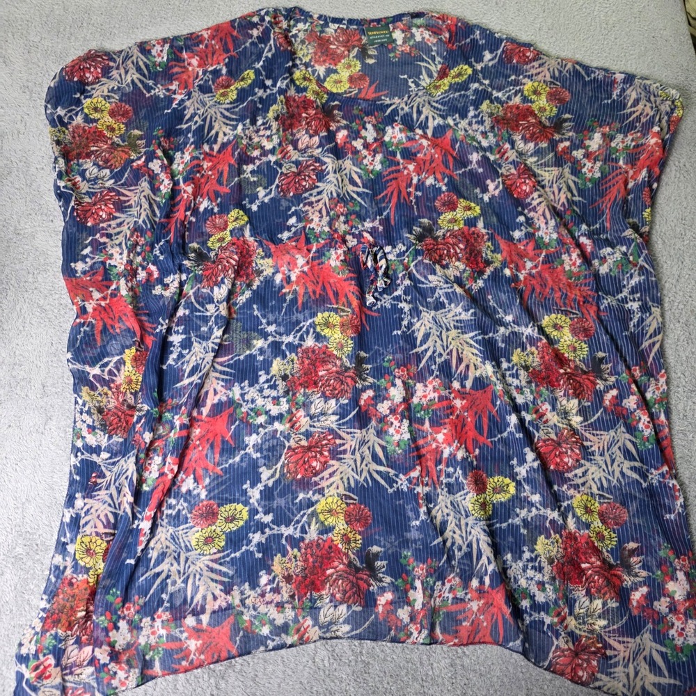 Sunflower Womens OS Floral Sheer Caftan Top Navy Blue Drawstring Waist YCT-102